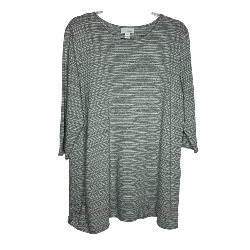 Pure Jill Women Medium Petite Top Grey Striped 3/4 Sleeve Cotton Scoop Neck